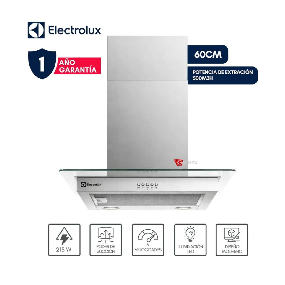 ELECTROLUX - CAMPANA  ELECTROLUX 60 CM EFFICIENT LUZ LED ACERO INOXIDABLE CE6VX