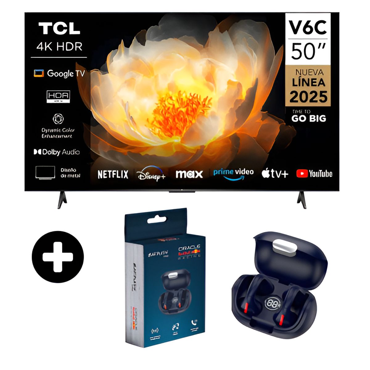 TCL - TELEVISOR TCL 50 PULGADAS SMART TV UHD 4K GOOGLE TV 50V6C + AUDIFONOS ORACLE REDBUL EB 170 (COMBO)