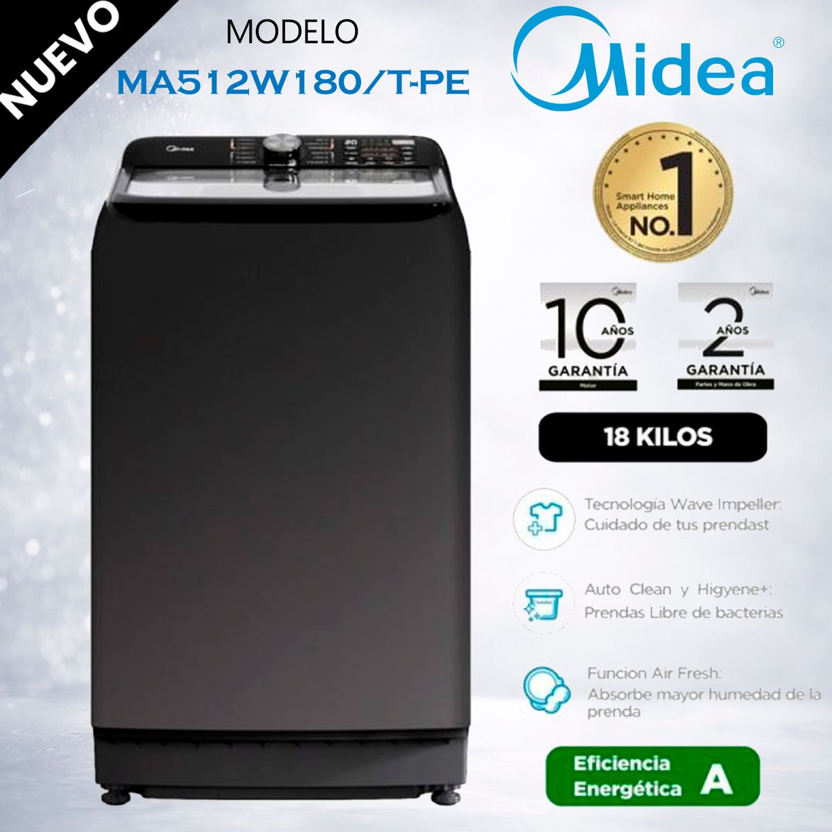 MIDEA - MA512W180T-PE - Lavadora Automática Carga Superior 18Kg Titanium Midea