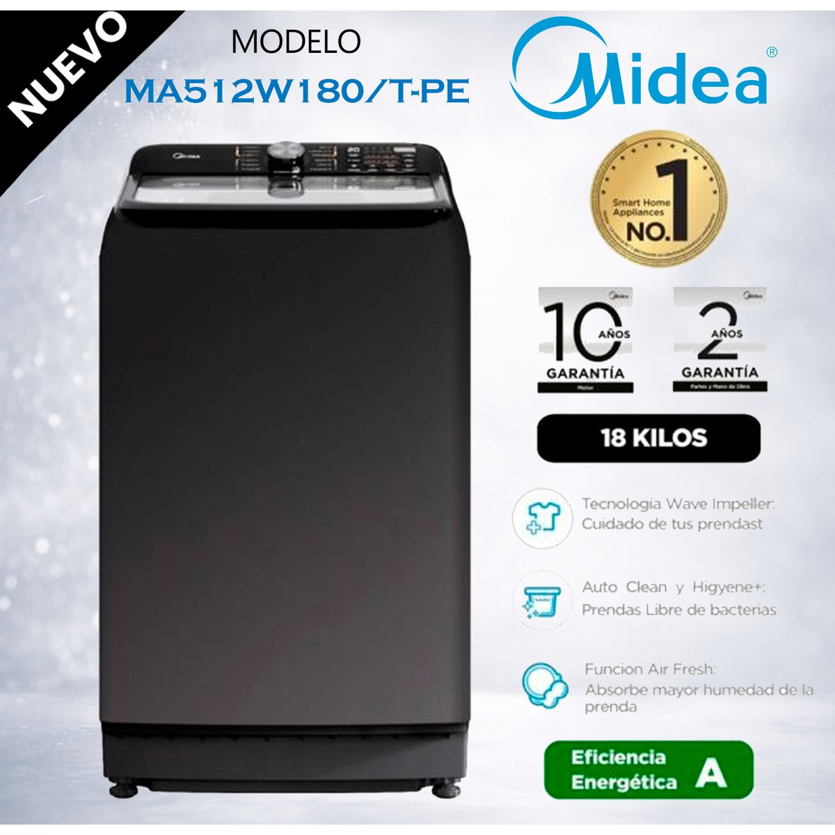 MIDEA - MA512W180T-PE - Lavadora Automática Carga Superior 18Kg Titanium Midea