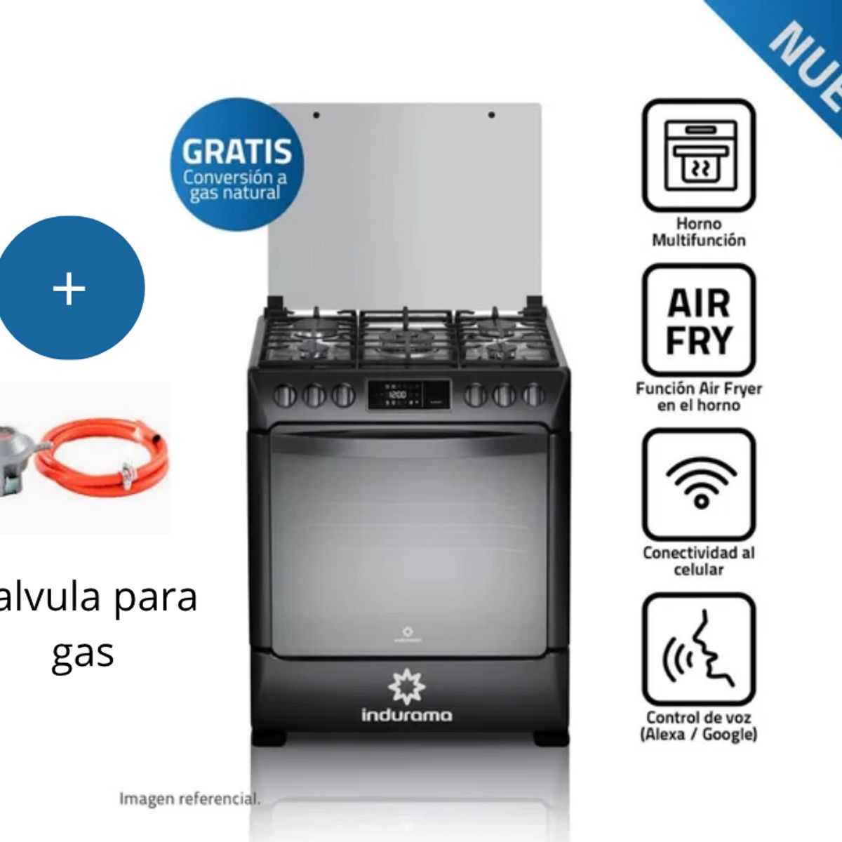 INDURAMA - Cocina de Pie Indurama 5 Hornillas CPI-3595N Blacksteel Smart cn Valvula de gas