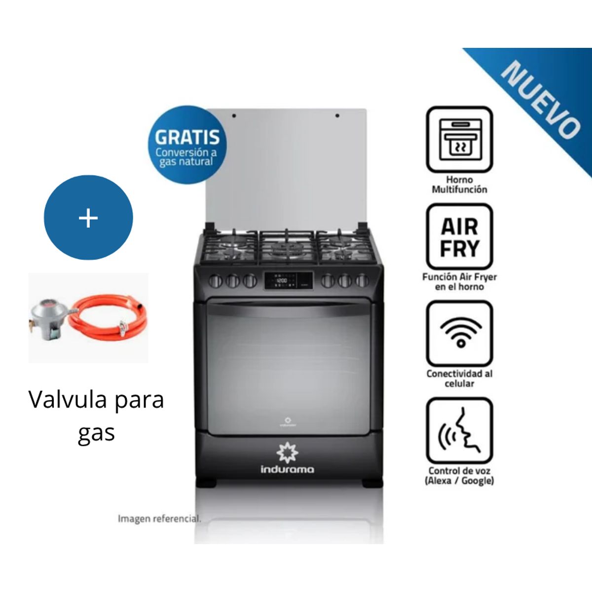 INDURAMA - Cocina de Pie Indurama 5 Hornillas CPI-3595N Blacksteel Smart cn Valvula de gas