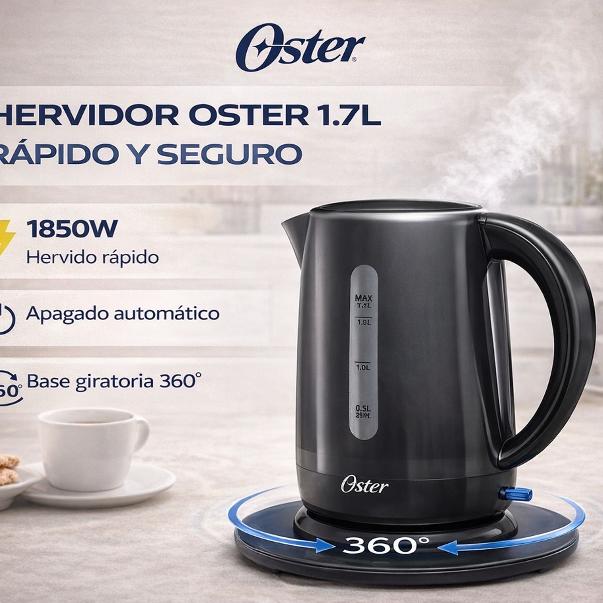 OSTER - Hervidor Eléctrico Oster 1.7L BVSTKT3101 Negro Base 360° Apagado Automático 1850W