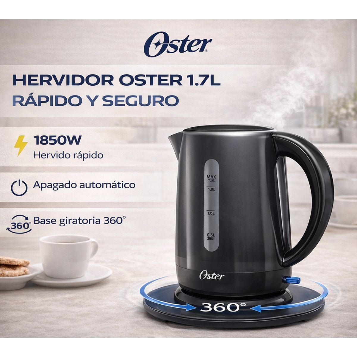OSTER - Hervidor Eléctrico Oster 1.7L BVSTKT3101 Negro Base 360° Apagado Automático 1850W