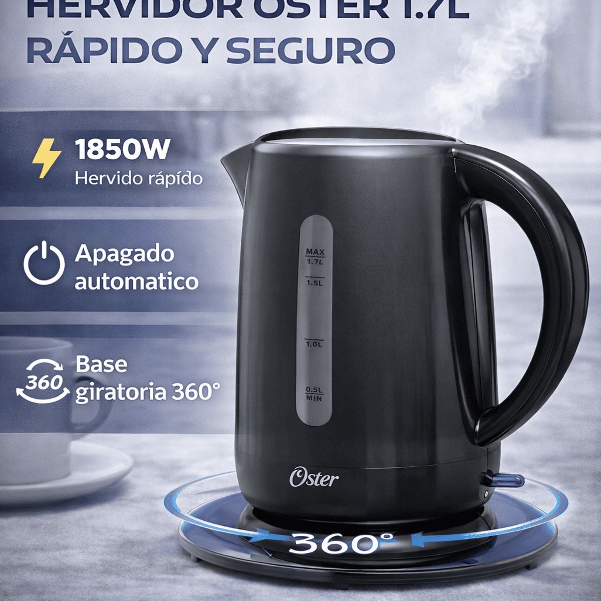 OSTER - Hervidor Eléctrico Oster 1.7L BVSTKT3101 Negro Base 360° Apagado Automático 1850W