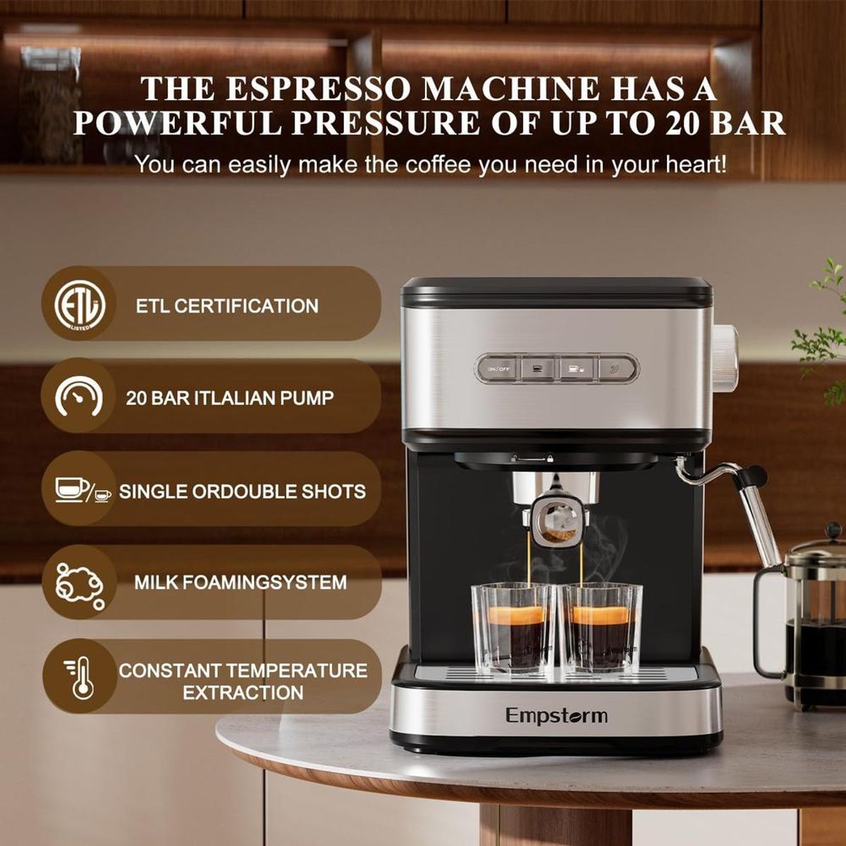 GENERAL - CAFETERA EMPSTORM ESPRESSO 20 BAR CON VAPORIZADOR DE LECHE - 1.5 L