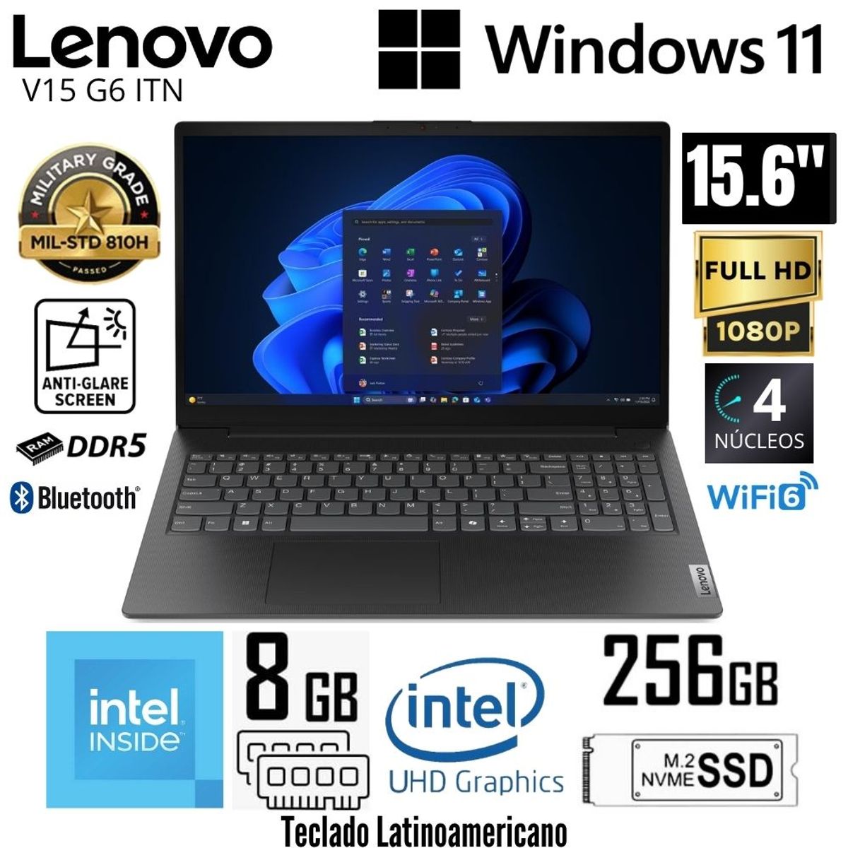 LENOVO - Laptop Lenovo V15 G6 ITN Intel N100 8GB RAM 256GB SSD 15.6"  FHD - 83M40016LD