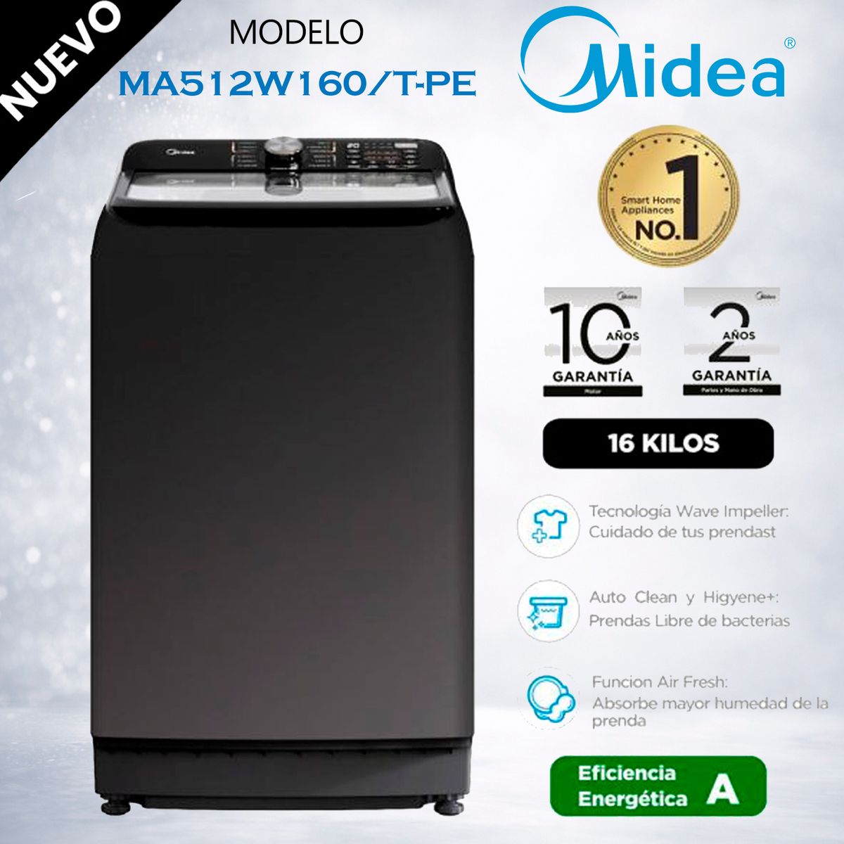 MIDEA - MA512W160T-PE - Lavadora Automática Carga Superior 16Kg Titanium Midea