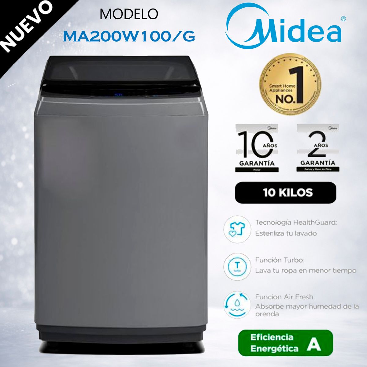 MIDEA - MA200W100G - Lavadora Automática 10Kg Silver Midea
