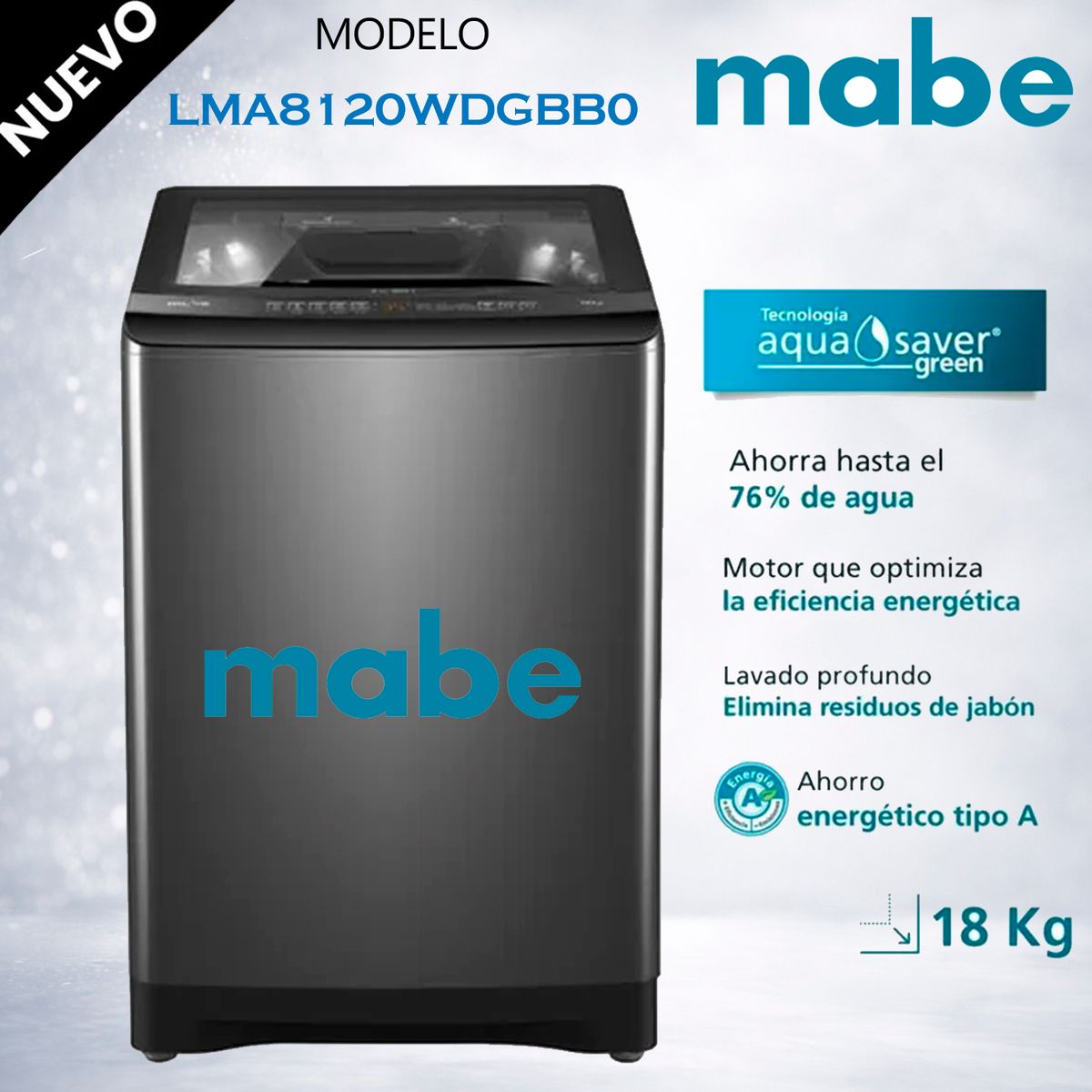 MABE - Lavadora Mabe 18KG Direct Motion Automática LMA8120WDGBB0 Diamond Gray