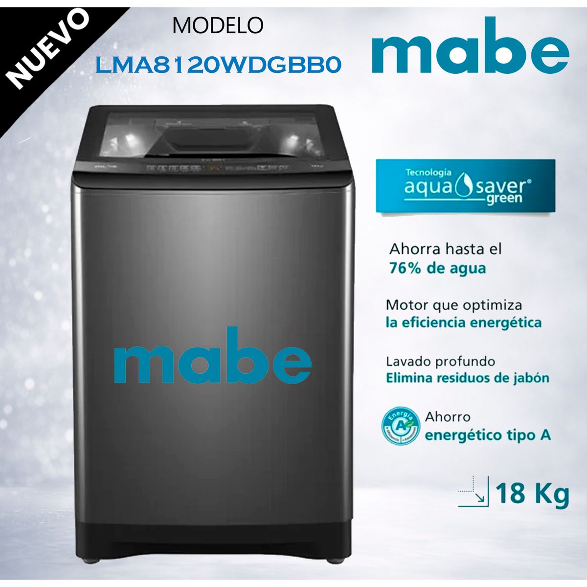MABE - Lavadora Mabe 18KG Direct Motion Automática LMA8120WDGBB0 Diamond Gray