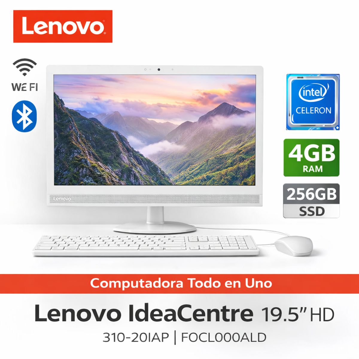 LENOVO - All in one Lenovo IdeaCentre 310-20IAP 19.5″ HD F0CL000ALD Intel Celeron 4GB RAM 256GB Blanca