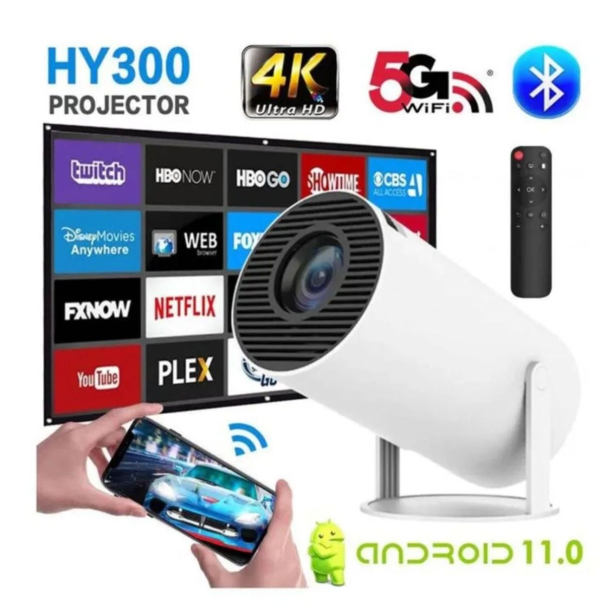 GENERICO - Proyector HY300 4K Smart Android 11 con Wifi Bluetooth