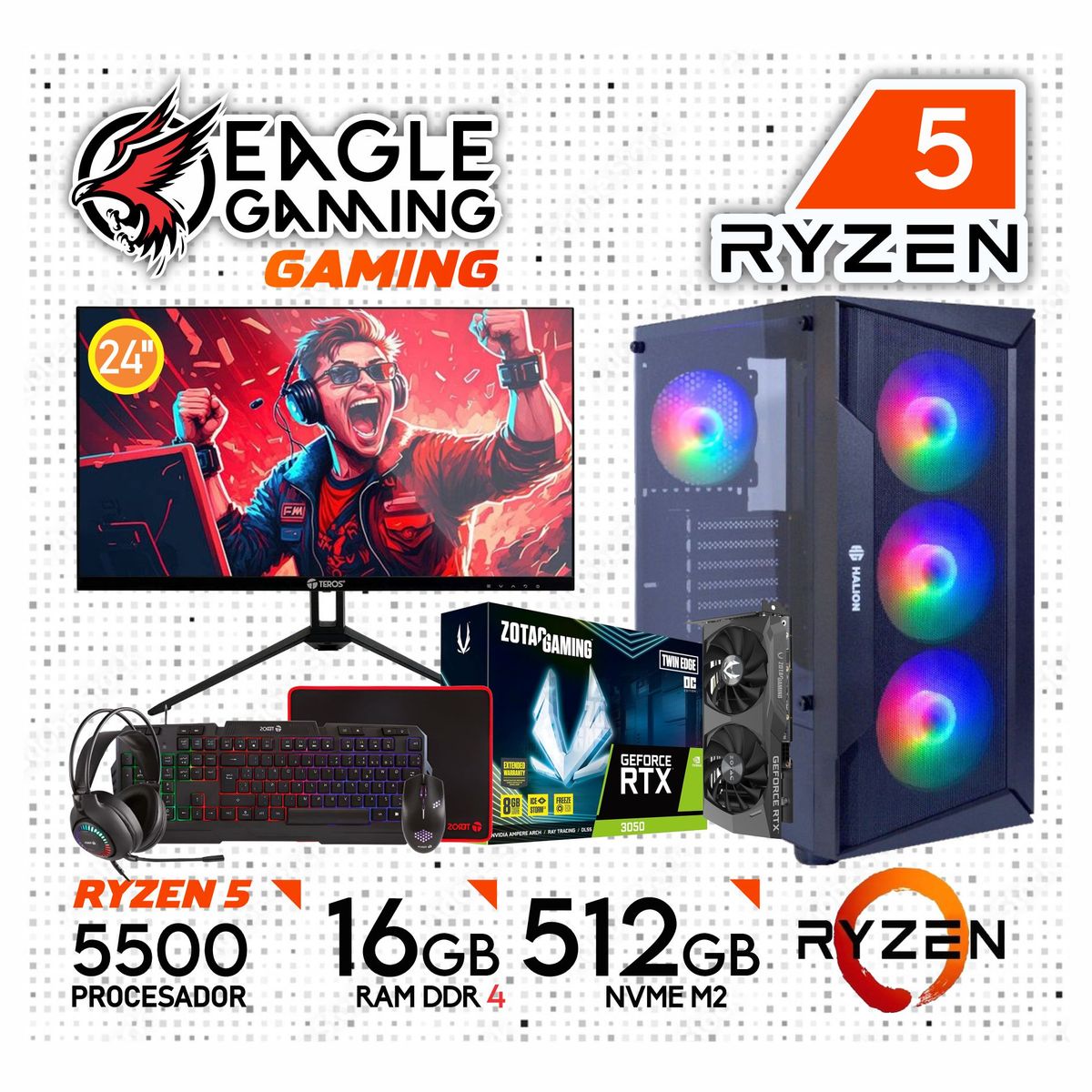 NVIDIA - COMPUTADORA PC GAMER AMD RYZEN 5 5500 16GB 500GB RTX 3050 6GB MONITOR 24 FULL HD