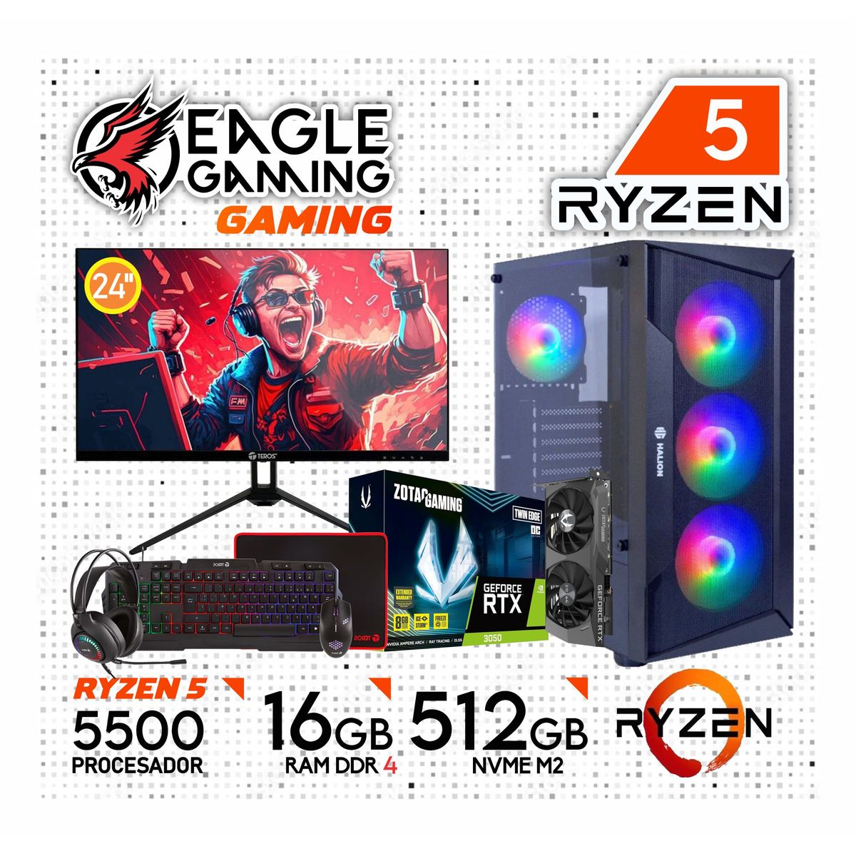NVIDIA - COMPUTADORA PC GAMER AMD RYZEN 5 5500 16GB 500GB RTX 3050 6GB MONITOR 24 FULL HD