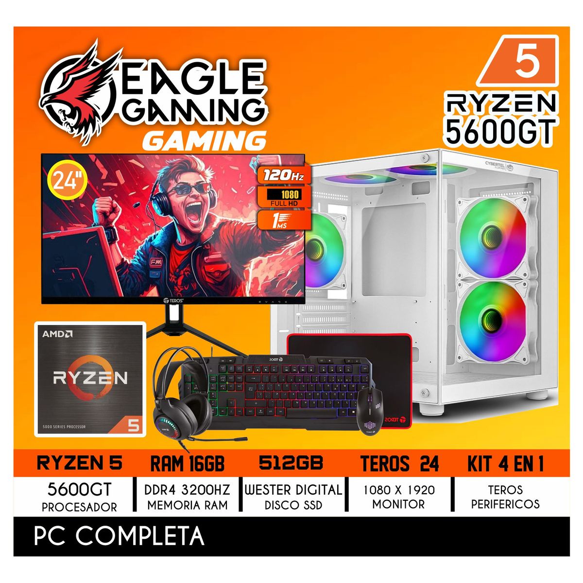 AMD - Computadora PC GAMER RYZEN 5 5600GT RAM 16GB SSD 512GB PANTALLA 24" FULL HD