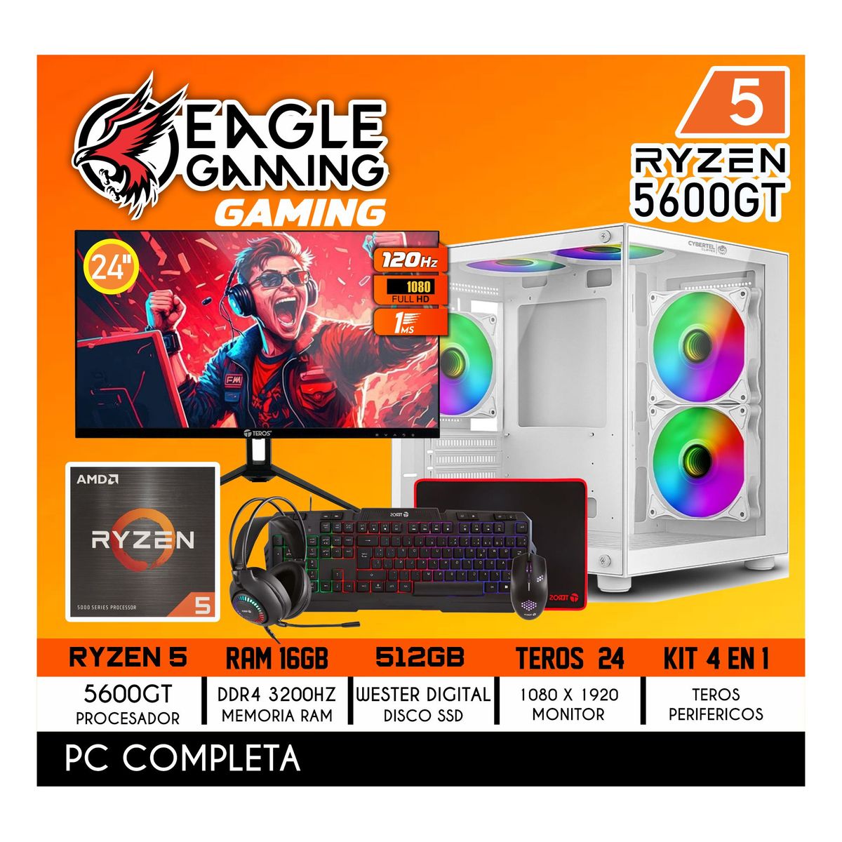 AMD - Computadora PC GAMER RYZEN 5 5600GT RAM 16GB SSD 512GB PANTALLA 24" FULL HD