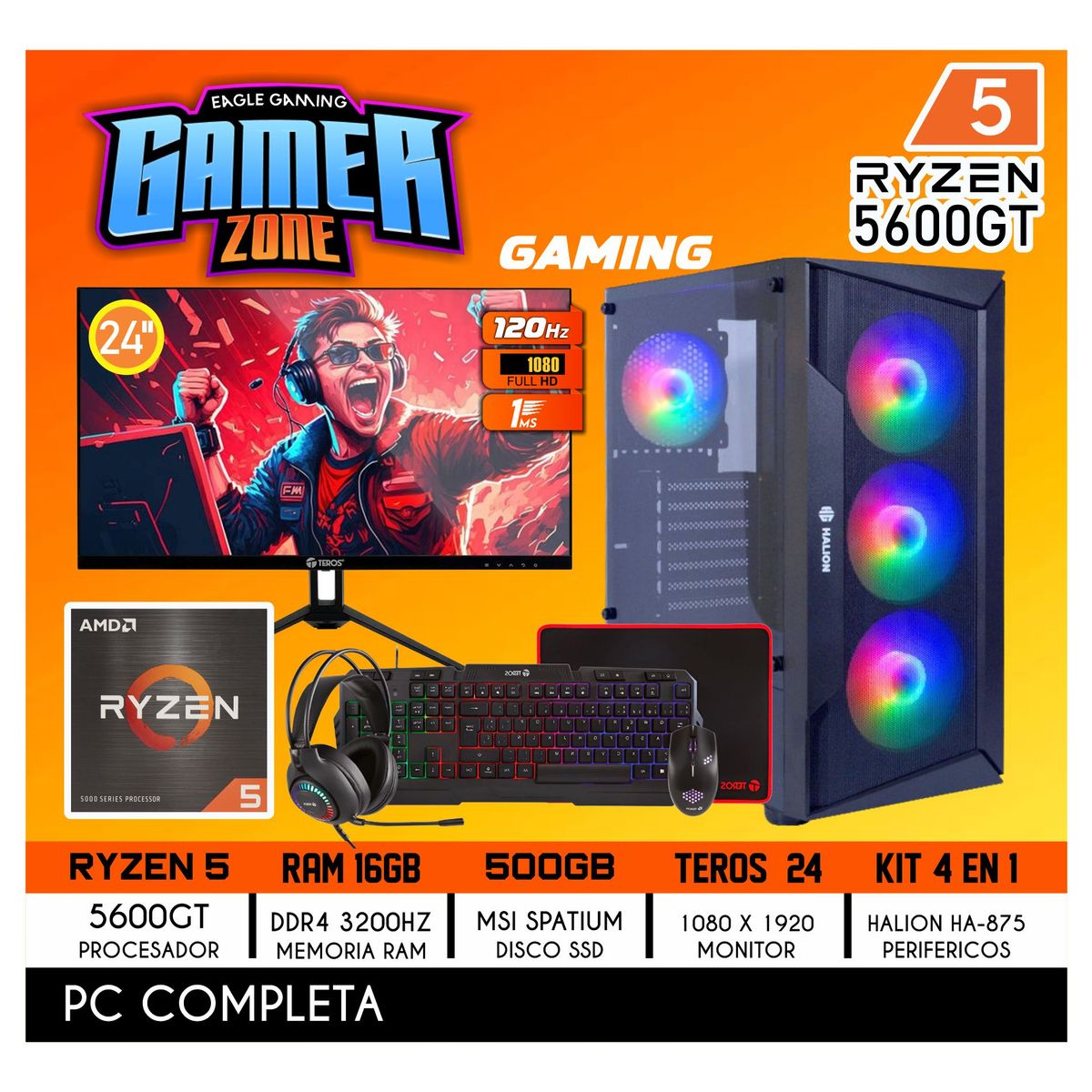 AMD - Computadora PC GAMER RYZEN 5 5600GT RAM 16GB SSD 512GB PANTALLA 24" FULL HD