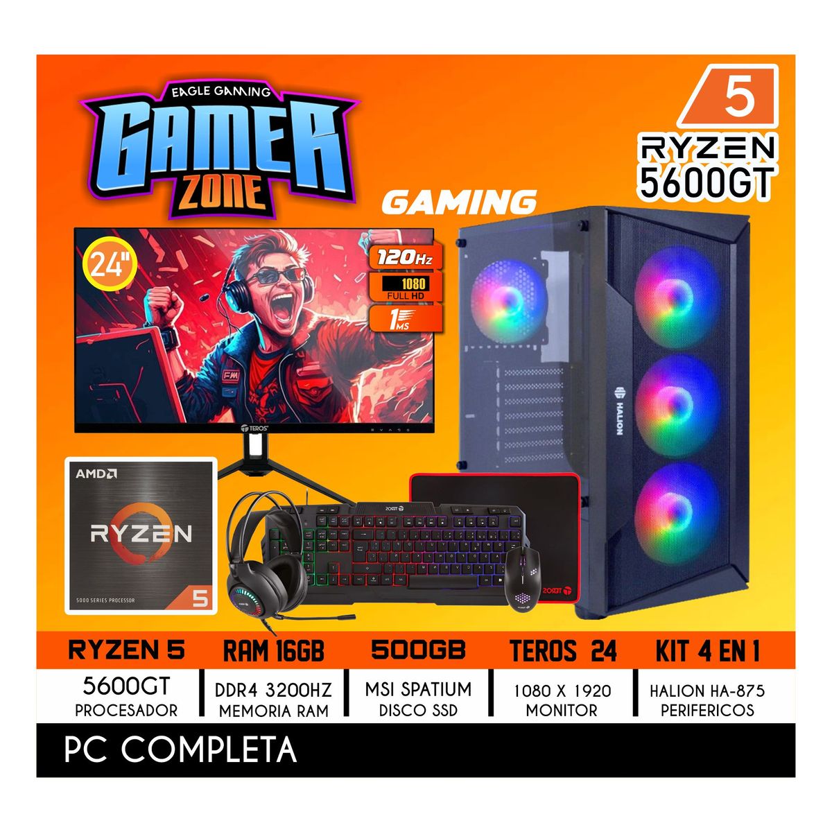 AMD - Computadora PC GAMER RYZEN 5 5600GT RAM 16GB SSD 512GB PANTALLA 24" FULL HD
