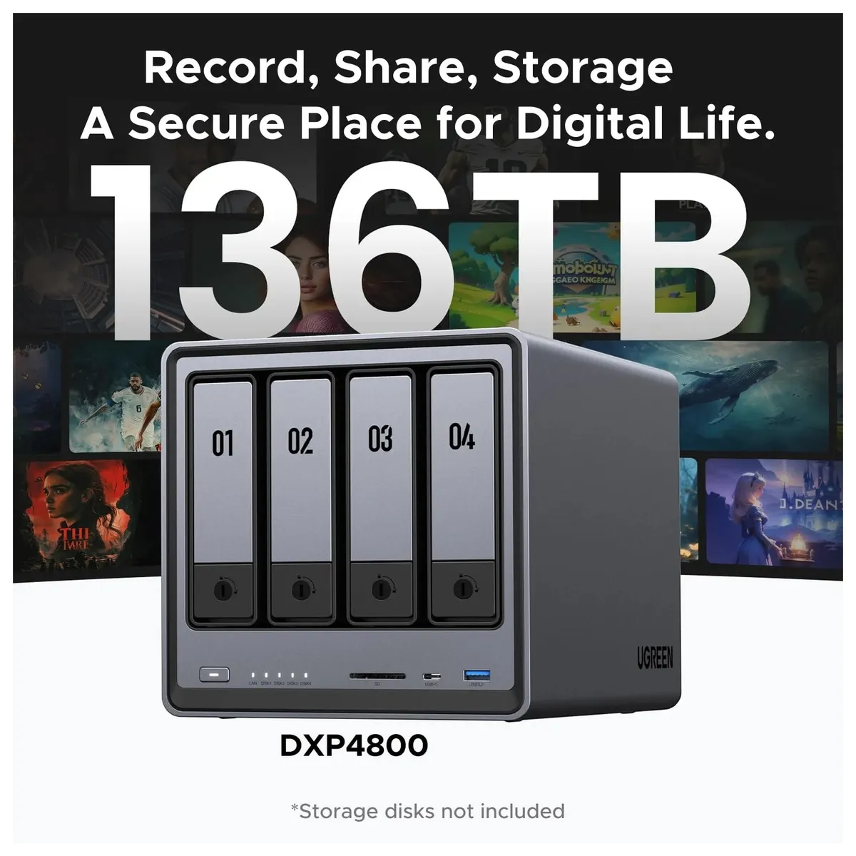 UGREEN - UGREEN NASync DXP4800 4-Bay NAS Enclosure M2 NVMe HDMI 4K 2 x 2.5GbE 8GB - 25371