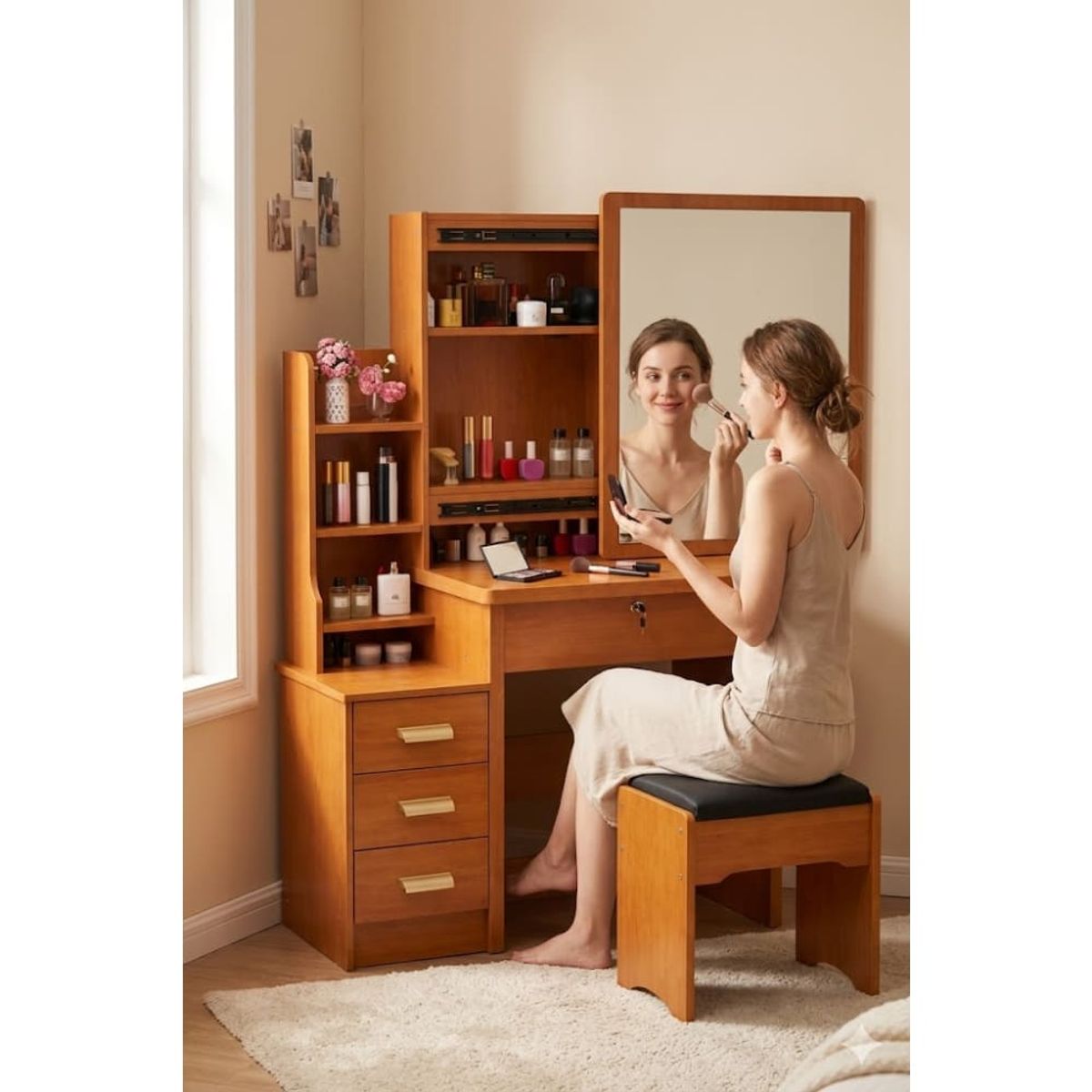 GENERICO - Tocador Maquillaje Madera Espejo Cajones Estantes Banqueta Elegante Mujer  Dormitorio AJ313486