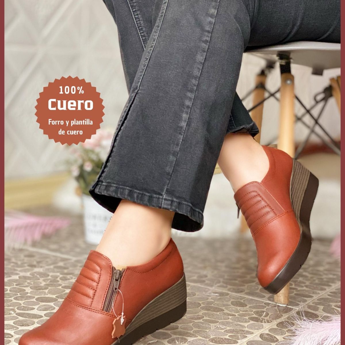 GENERICO - Semibotines en cuero legítimo de mujer en taco cuña