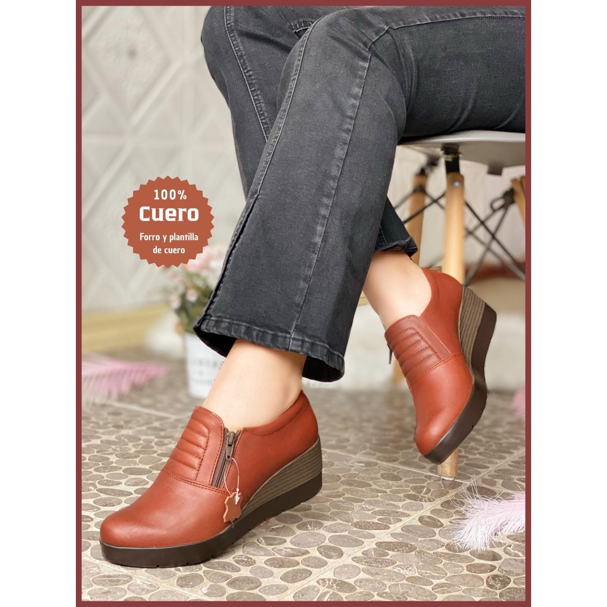 GENERICO - Semibotines en cuero legítimo de mujer en taco cuña