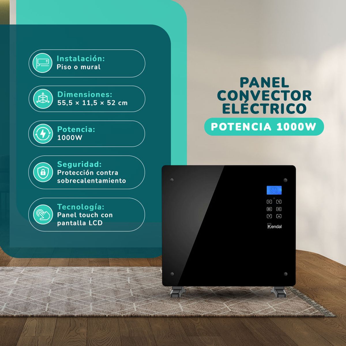 KENDAL - Panel Convector Eléctrico Vidrio KENDAL GH-10RM BLACK Calefacción Silenciosa