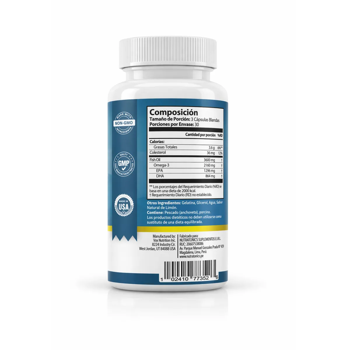 GENERICO - Omega 3 Fish Oil 3600mg Nutratonics 90 Capsulas sabor a Limon