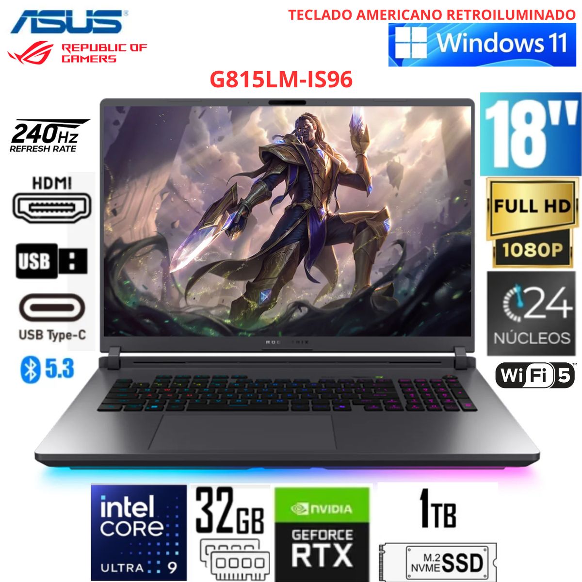 ASUS - Laptop ASUS ROG Strix G18 G815LM-IS96 Intel Core Ultra 9 275HX 32GB  1TB  RTX 5060 8GB 18″  G815LM-IS96