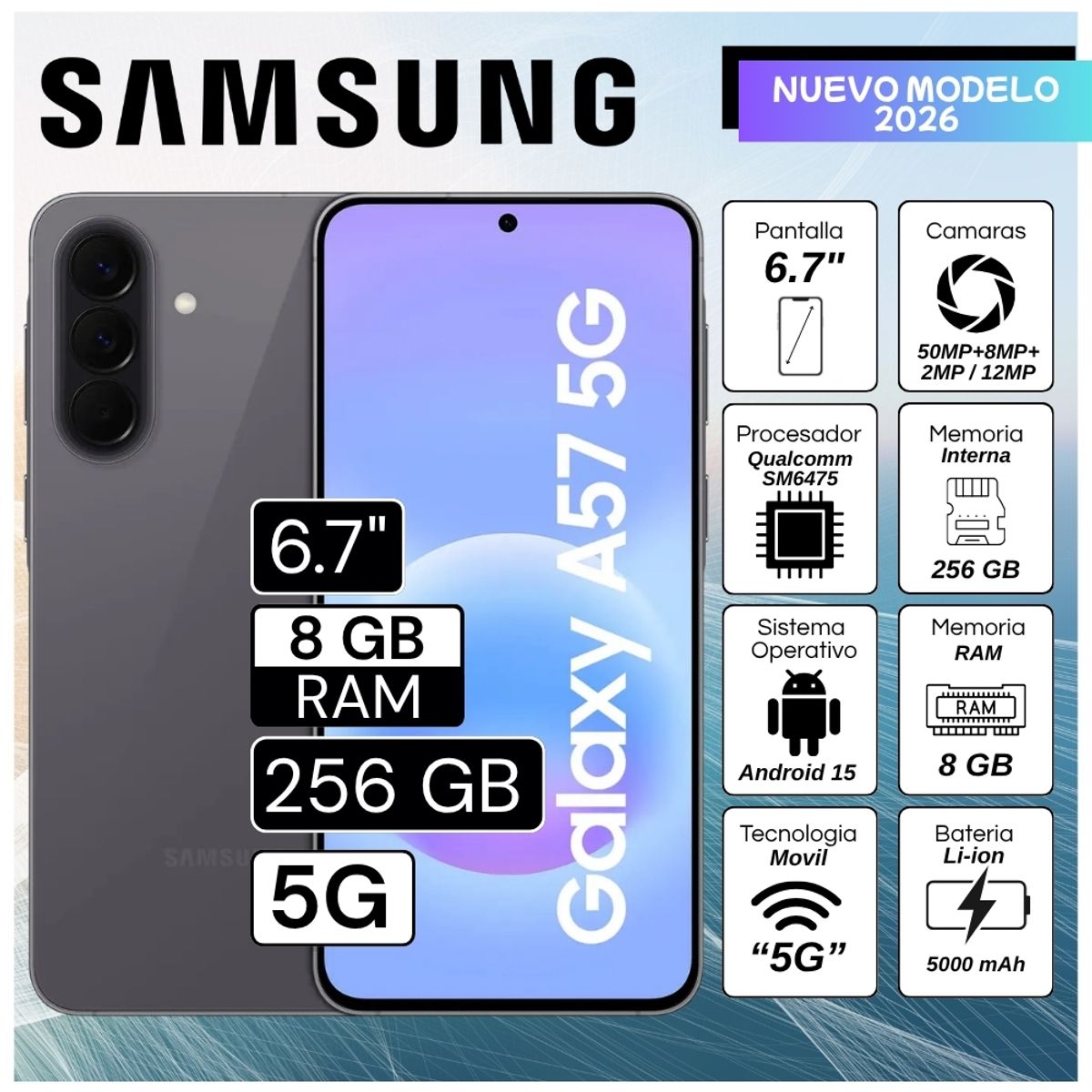 SAMSUNG - Celular Samsung Galaxy A57  5G 6.7"  Pulg.  8GB RAM 256GB Android 16 - Gris