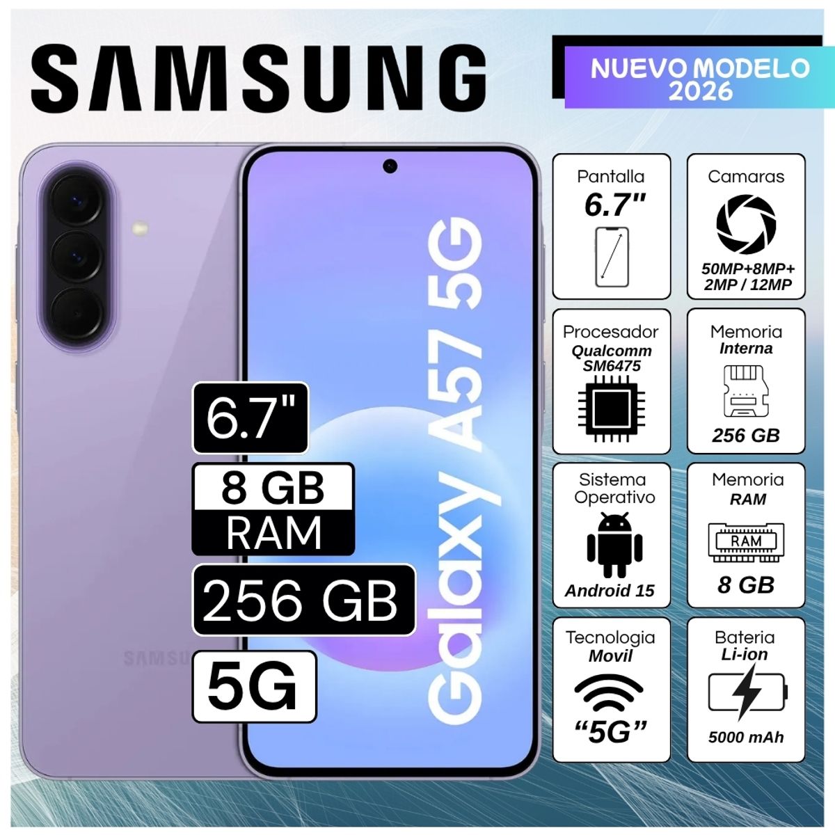 SAMSUNG - Celular Samsung Galaxy A57  5G 6.7"  Pulg.  8GB RAM 256GB Android 16 - Violeta