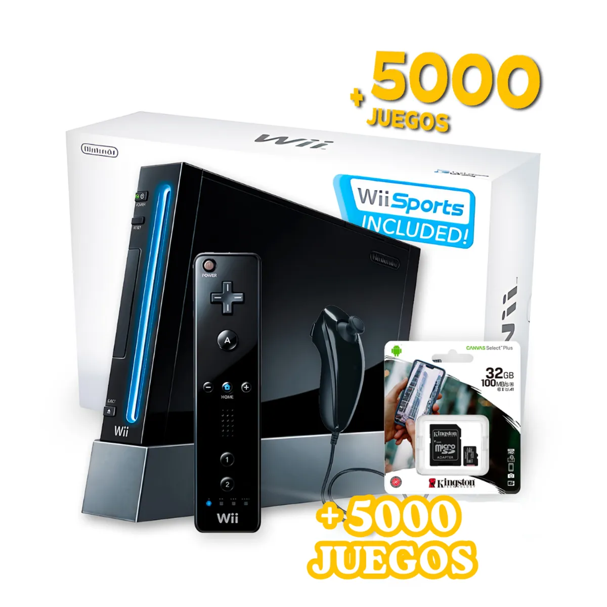 NINTENDO - Consola Nintendo Wii Negro Reacondicionada + 5000 Juegos Retro