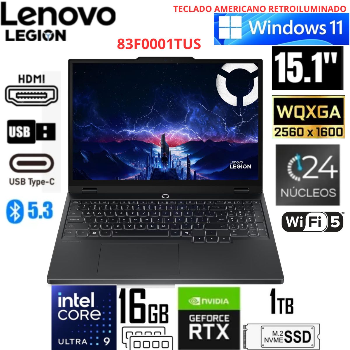Laptop Lenovo LEGION 5 INTEL CORE ULTRA 9 275HX  16GB 1TB SSD 15.1"WQXGA  RTX5070 83F0001TUS, marca LENOVO - Foto Principal