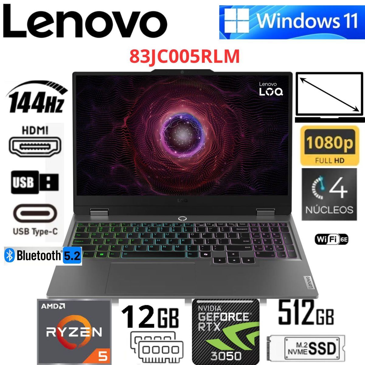 LENOVO - Laptop Lenovo LOQ 15ARP9 15.6" FHD Ryzen 5 7235HS 12GB RAM 512GB SSD RTX 3050 6GB