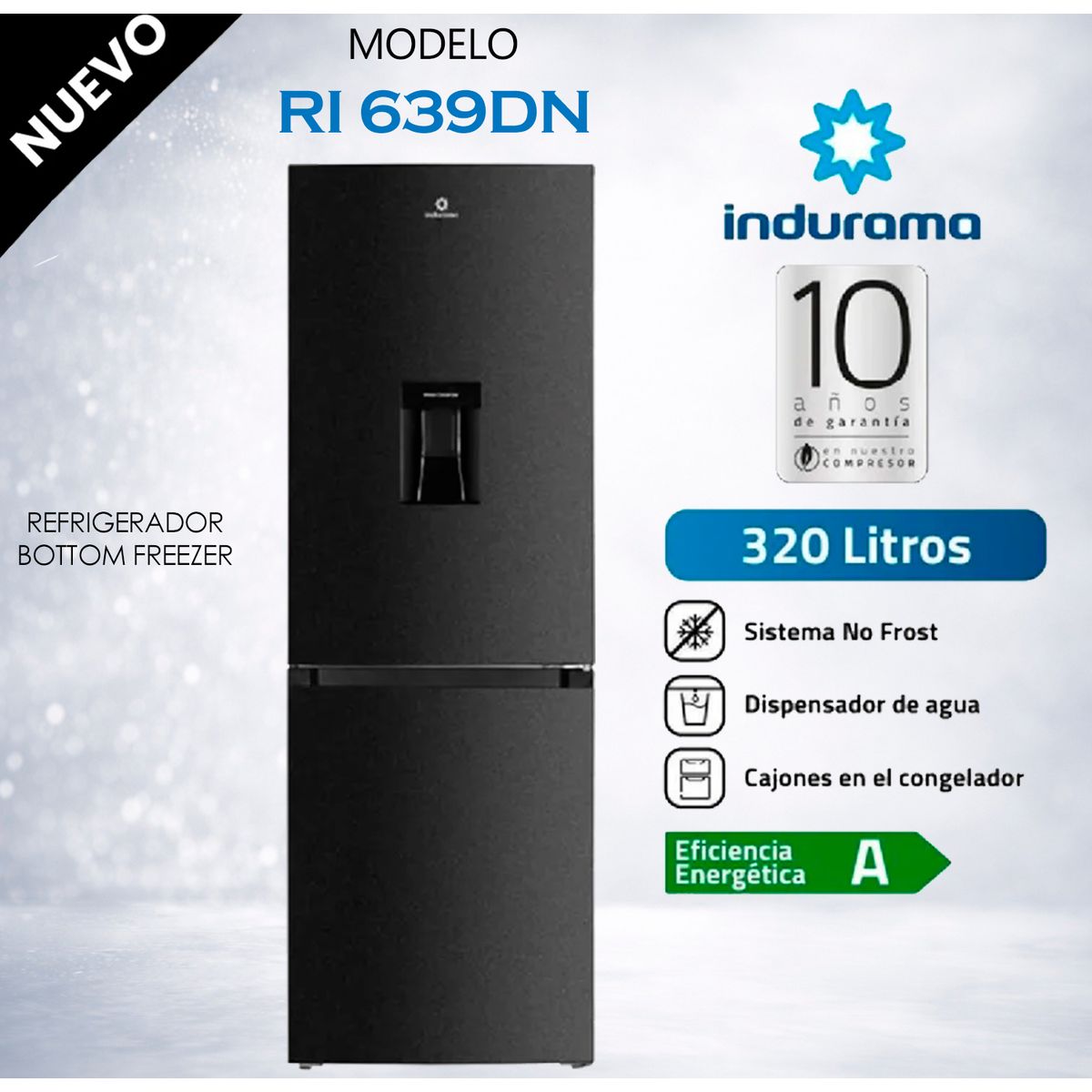 INDURAMA - REFRIGERADORA INDURAMA 320 L NEGRO BOTTOM FREEZER NO FROST – RI 639DN