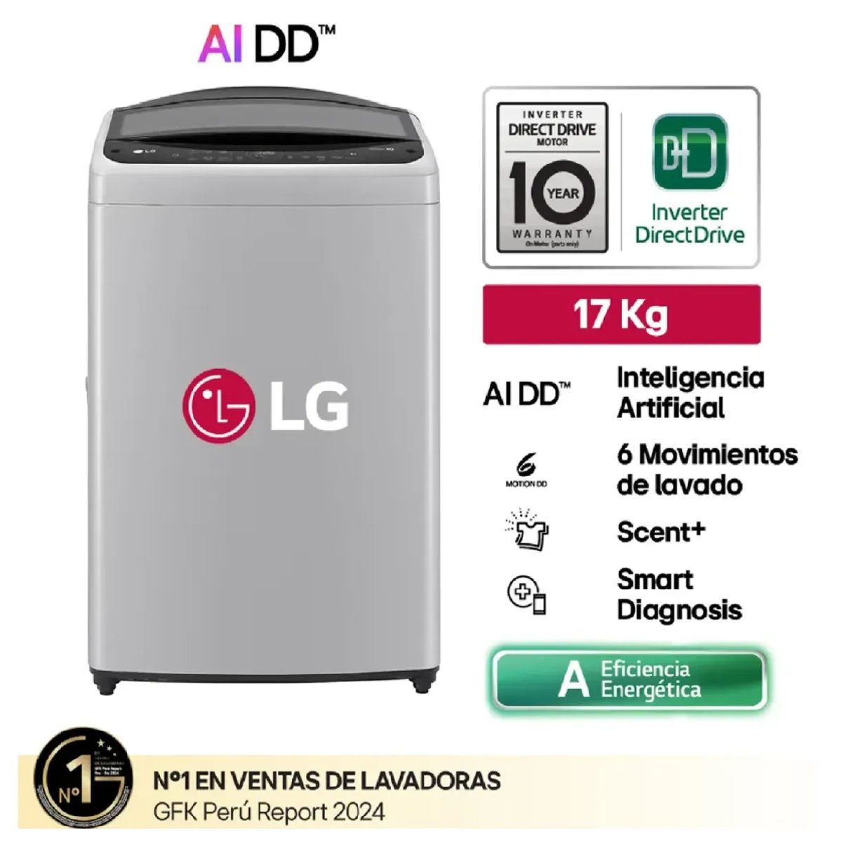 LG - LAVADORA LG WT17DV6T CARGA SUPERIOR 17 KG AI DD INTELIGENCIA ARTIFICIAL - GRIS