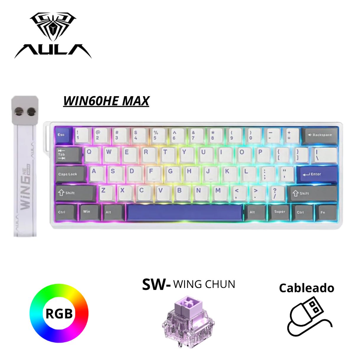 AULA - TECLADO MAGNÉTICO AULA WIN60HE MAX  INGLES  RGB  CABLEADO  BLANCO-GRIS-MORADO