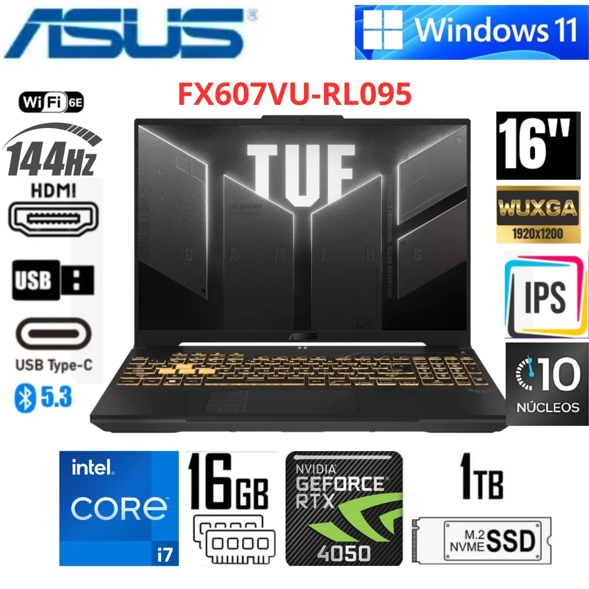 ASUS - Laptop Gamer ASUS TUF Gaming F16 FX607VU-RL095 16" WUXGA Core i7-13620H 16GB RAM 1TB SSD RTX 4050 6GB Gris