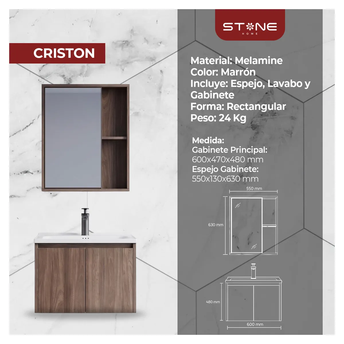 STONE - VANITORIO MINIMALISTA CRISTON MARRON MADERADO STONE