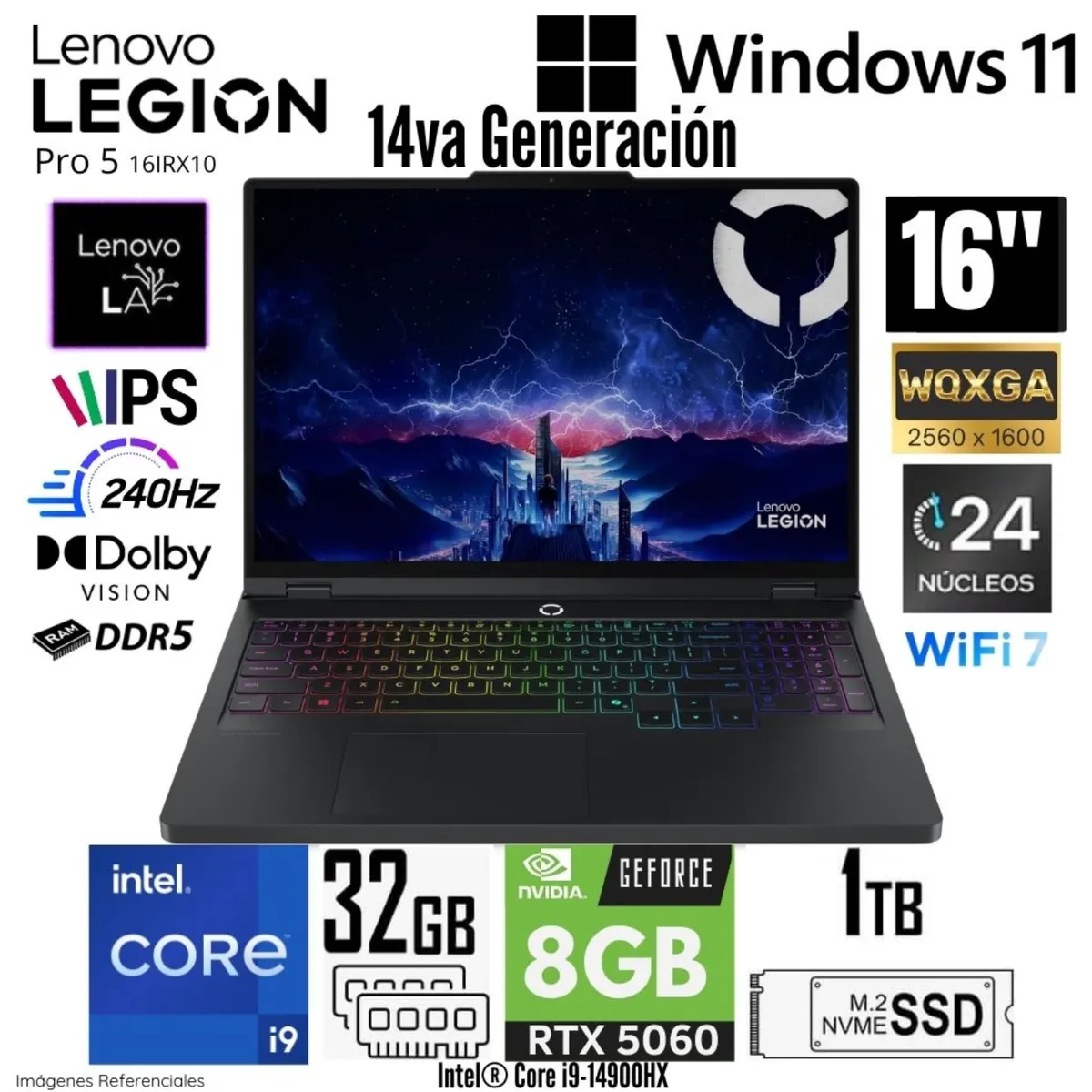 LENOVO - Laptop Lenovo Legion Pro 5 16IRX10 Intel Core i9 14900HX 32GB RAM 1TB SSD RTX 5060-8GB 16"  - 83NN0058LM