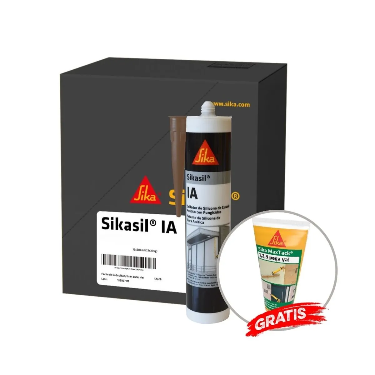 SIKA - Pack 12 Und de Silicona para Vidrios Sikasil IA Marron 280 ml + Gratis Maxtack