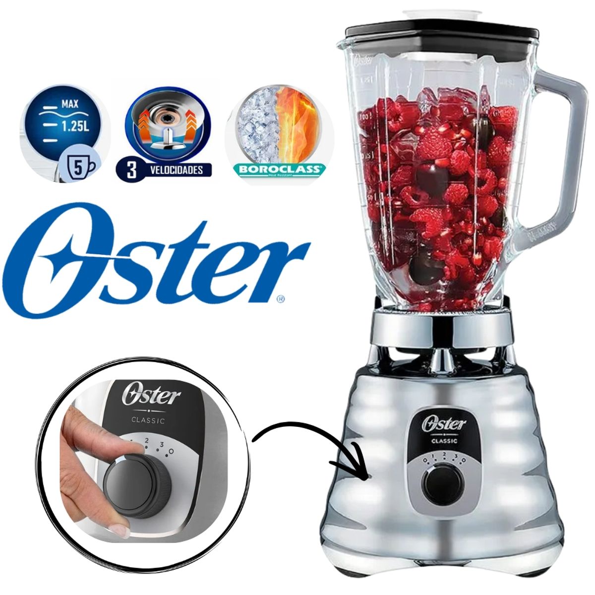 OSTER - LICUADORA OSTER 1.25LT 3 VELOCIDADES COLOR CROMADO MOD BLST4655