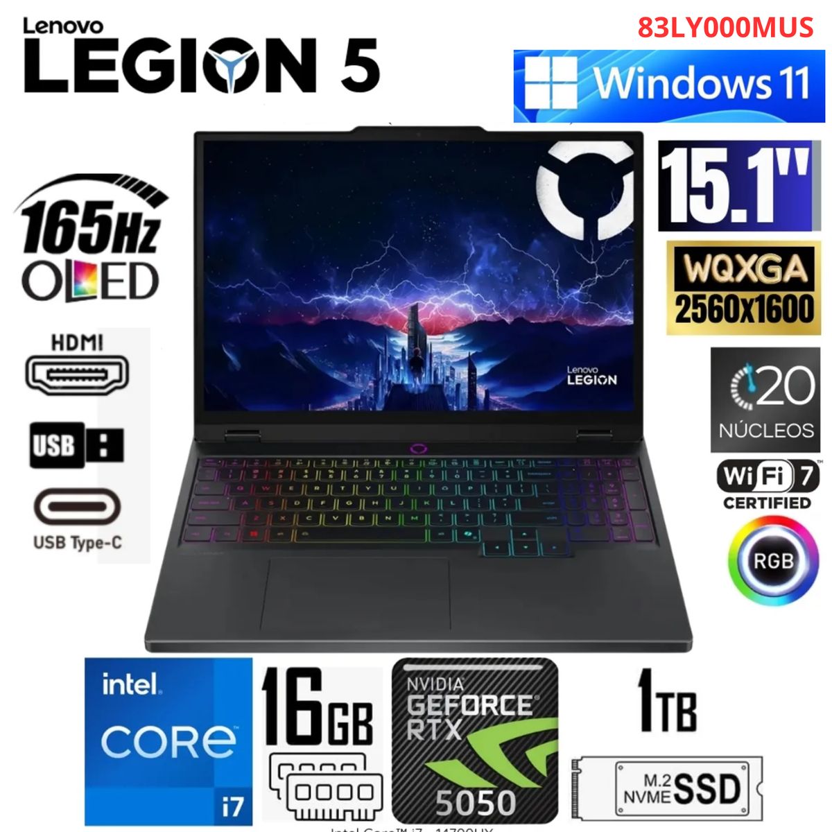 LENOVO - Laptop Lenovo Legion 5 15IRX10 Intel Corei7-14700HX 16GB RAM 1TB SSD 15.1  RTX5050-8GB - 83LY000MUS