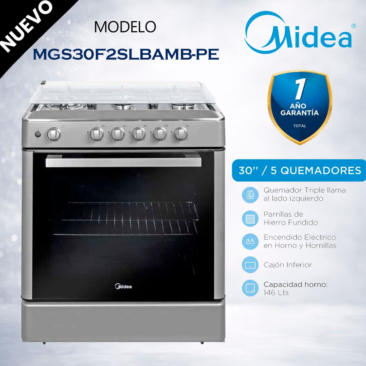 MIDEA - MGS30FS2LBAMB-PE - Cocina De Pie 1 Horno 5 Hornillas, Parrillas Hierro Fundido, Silver, 30" Midea