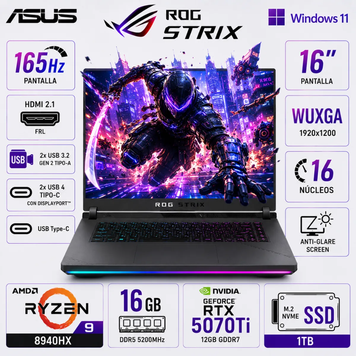 ASUS - Laptop Gamer ASUS ROG Strix G16 16", Ryzen 9 8940HX, 16GB RAM, 1TB SSD, RTX 5070 Ti 12GB, Windows 11