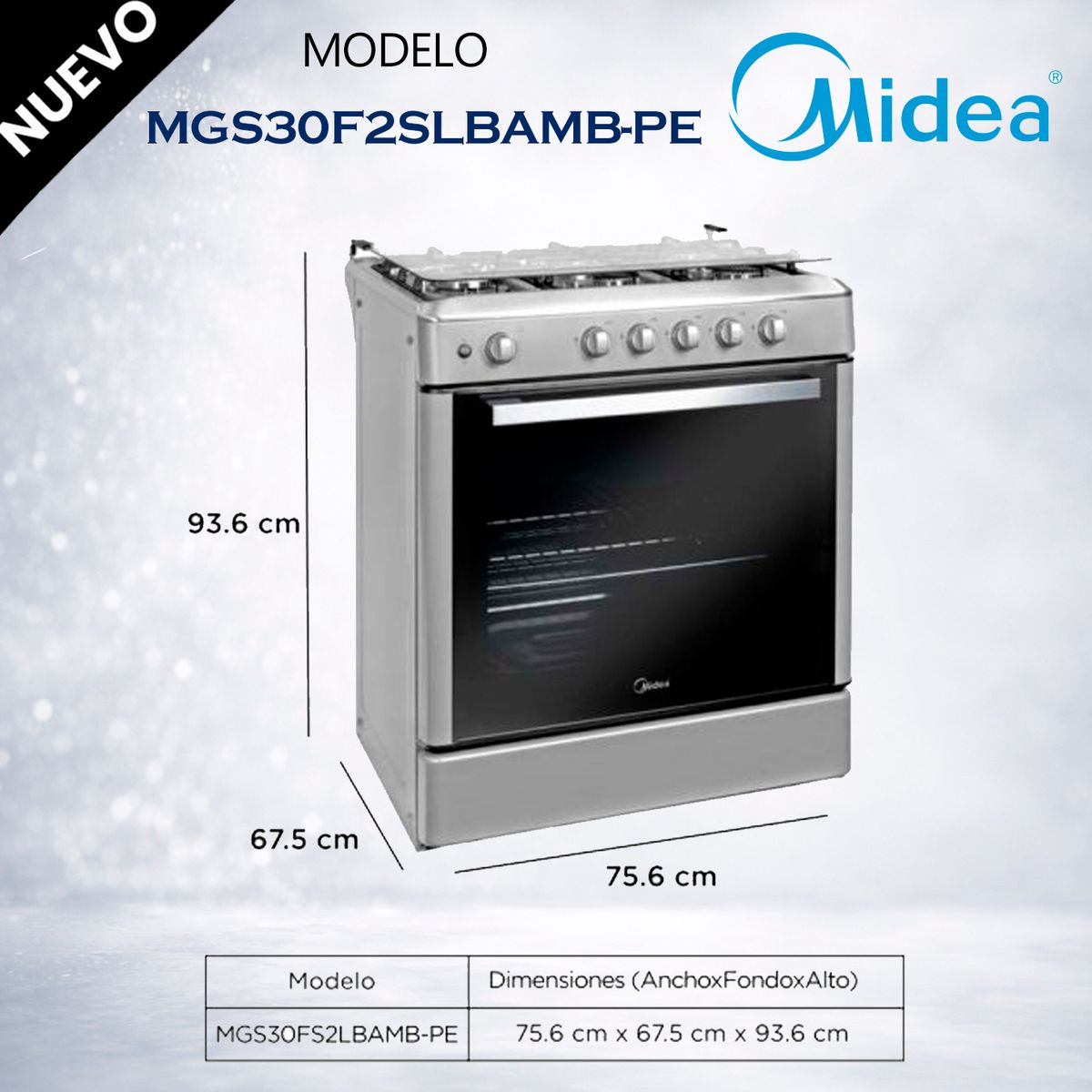 MIDEA - MGS30FS2LBAMB-PE - Cocina De Pie 1 Horno 5 Hornillas, Parrillas Hierro Fundido, Silver, 30" Midea