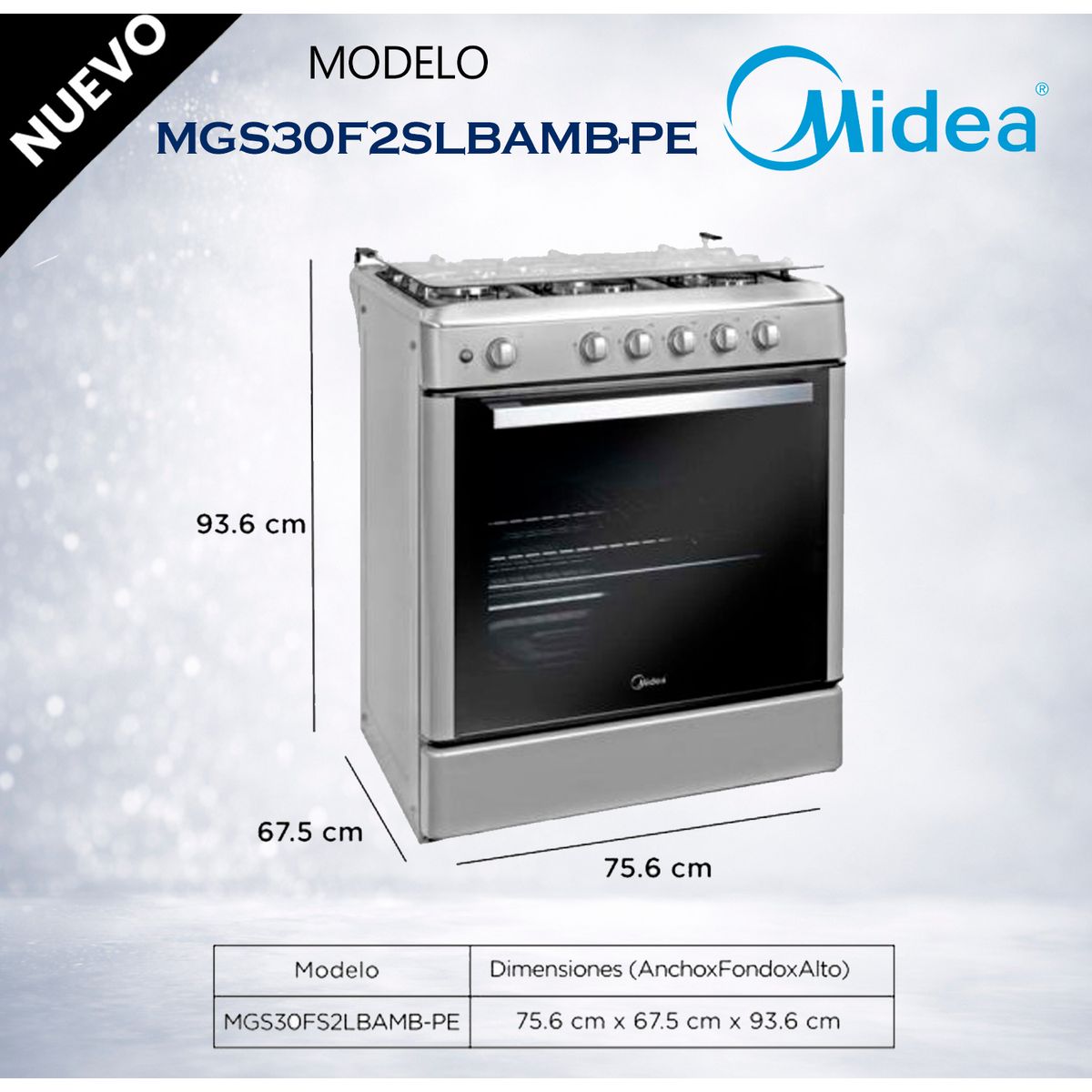 MIDEA - MGS30FS2LBAMB-PE - Cocina De Pie 1 Horno 5 Hornillas, Parrillas Hierro Fundido, Silver, 30" Midea