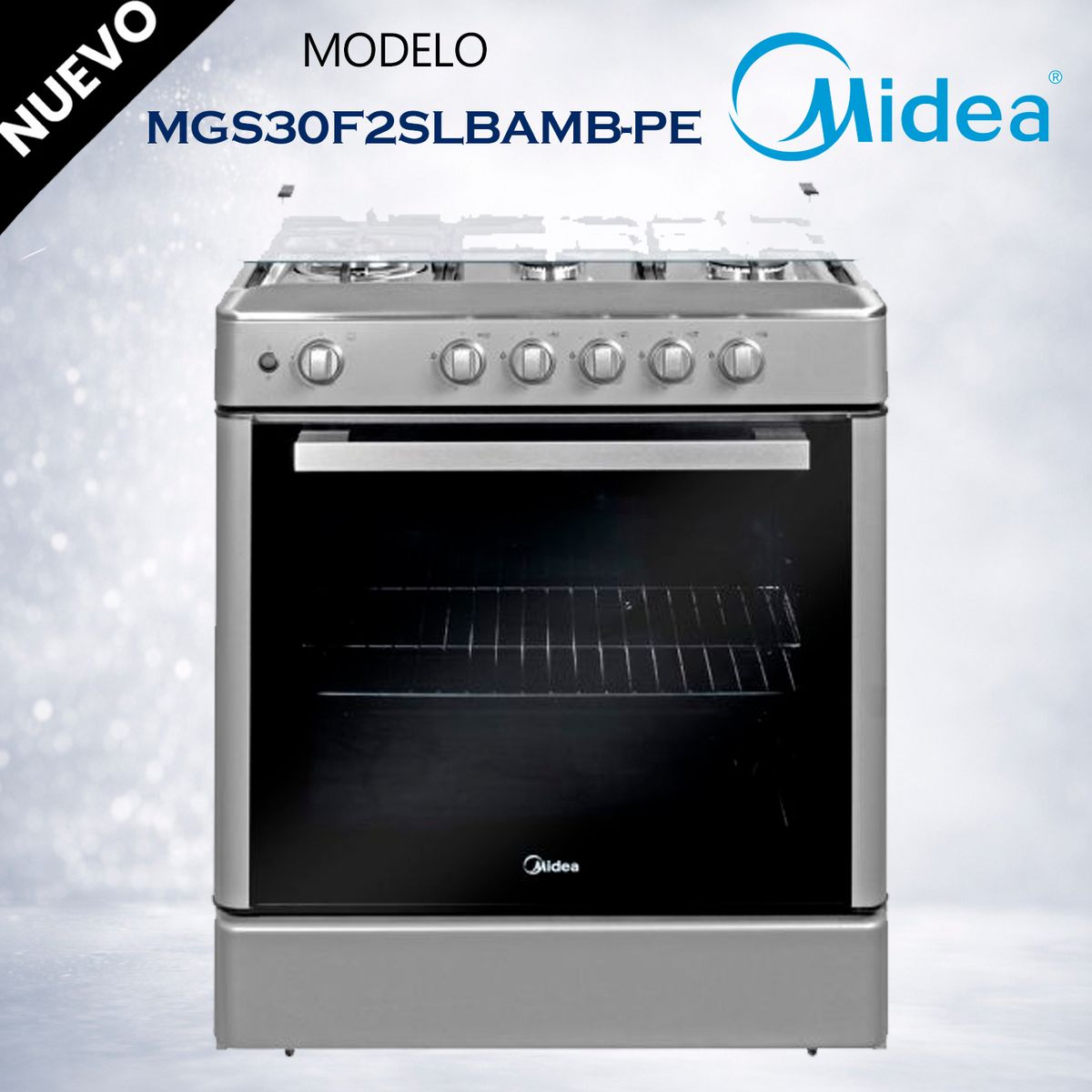 MIDEA - MGS30FS2LBAMB-PE - Cocina De Pie 1 Horno 5 Hornillas, Parrillas Hierro Fundido, Silver, 30" Midea