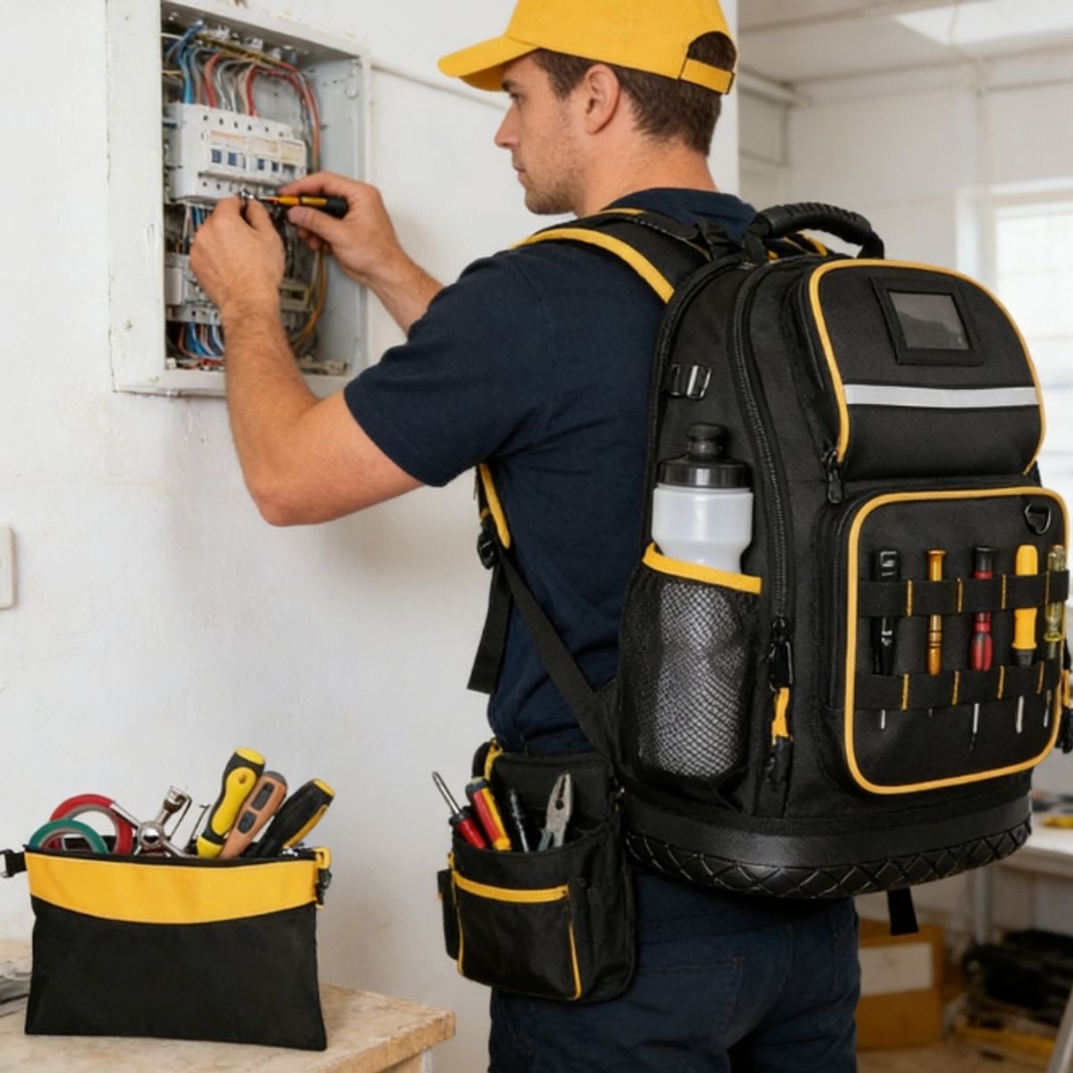 GENERICO - Mochila Para Herramientas Resistente Multiples Bolsillos Portalaptop USB Base Rígida Construccion